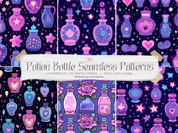 Discover the Magic of 6 Witchy Potion Bottle Seamless Patterns