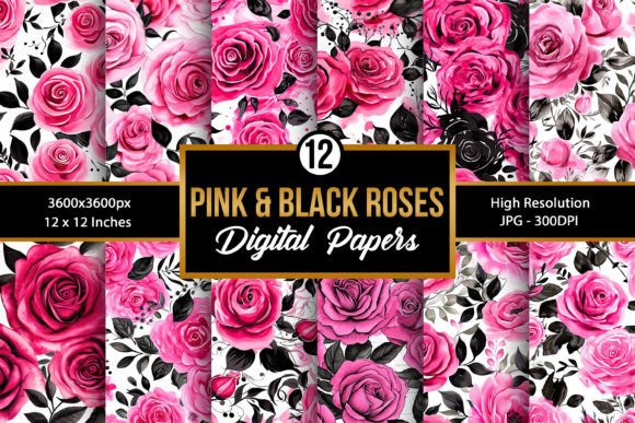 Pink Black Watercolor Roses Patterns