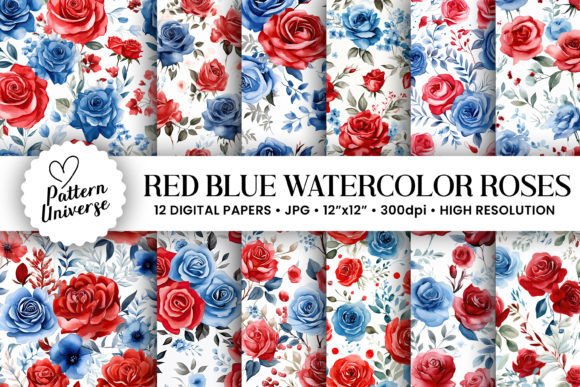 Red Blue Watercolor Roses Patterns